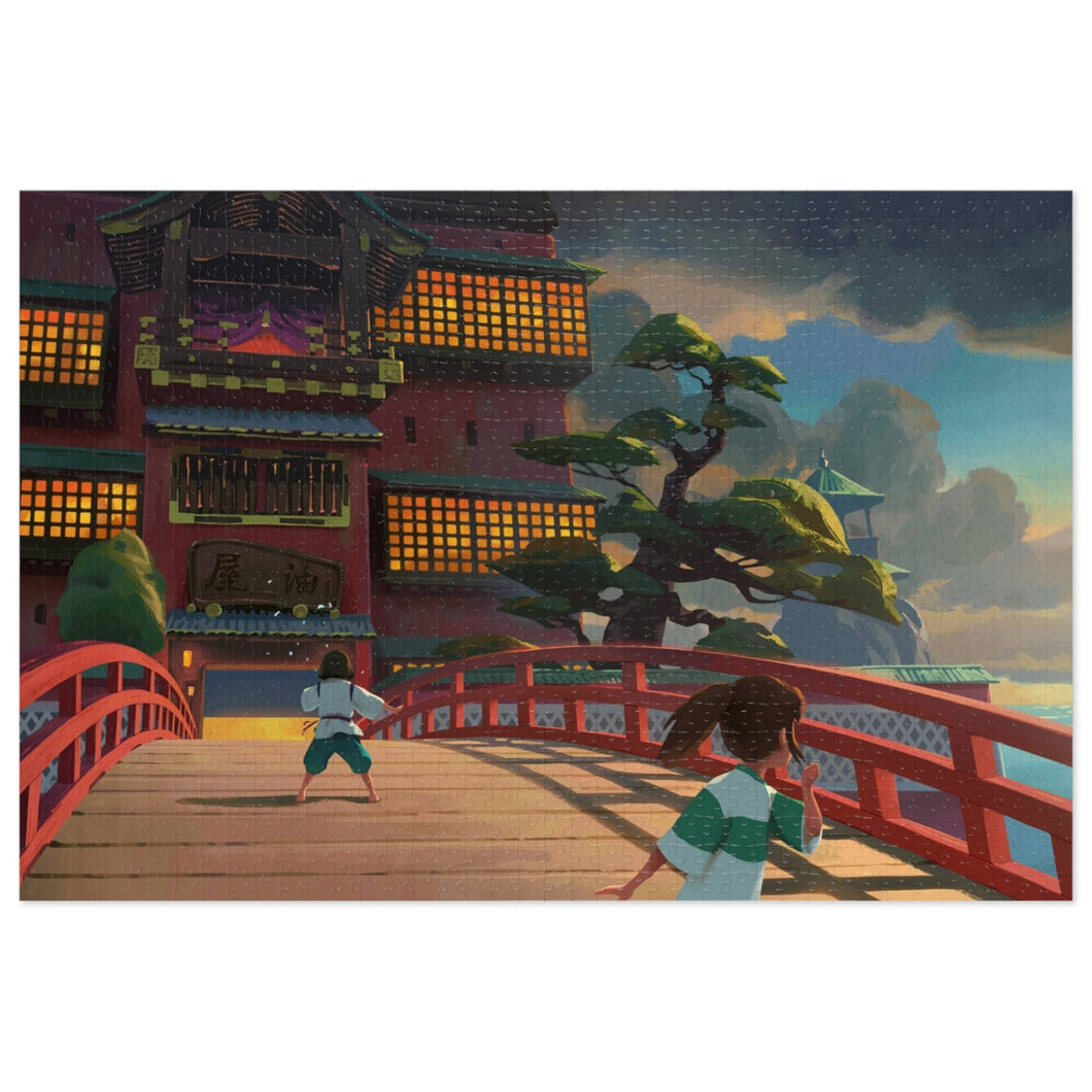 Haku and Chihiro on the bridge leading to the bathhouse Jigsaw Puzzle