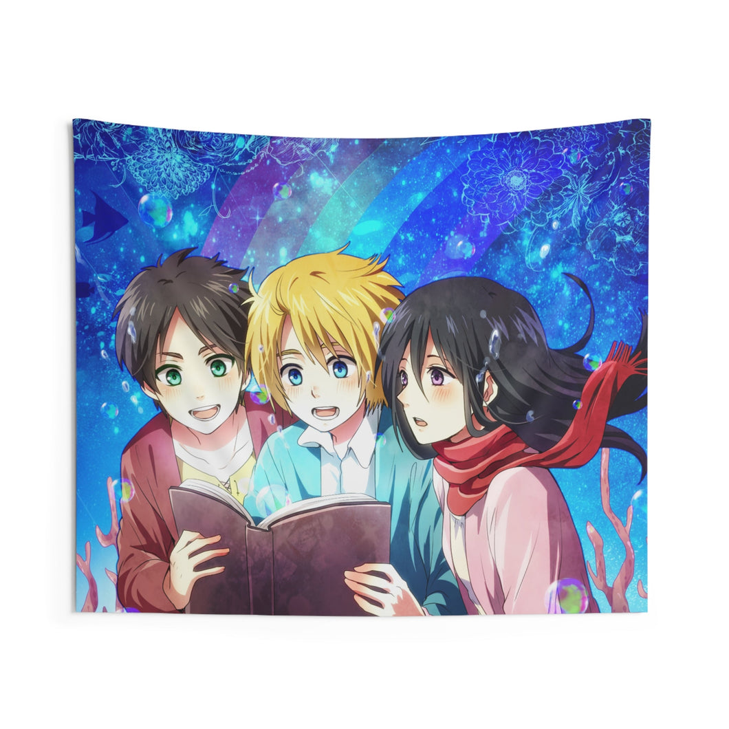Armin, Eren and Mikasa reading a book Indoor Wall Tapestry
