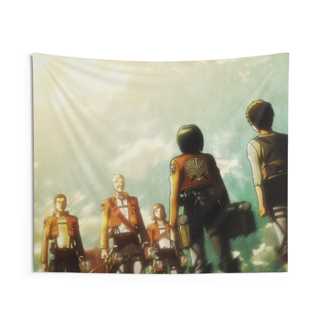 Eren Jaeger, Mikasa Ackerman, Armin Arlert and Dot Pixis Indoor Wall Tapestry