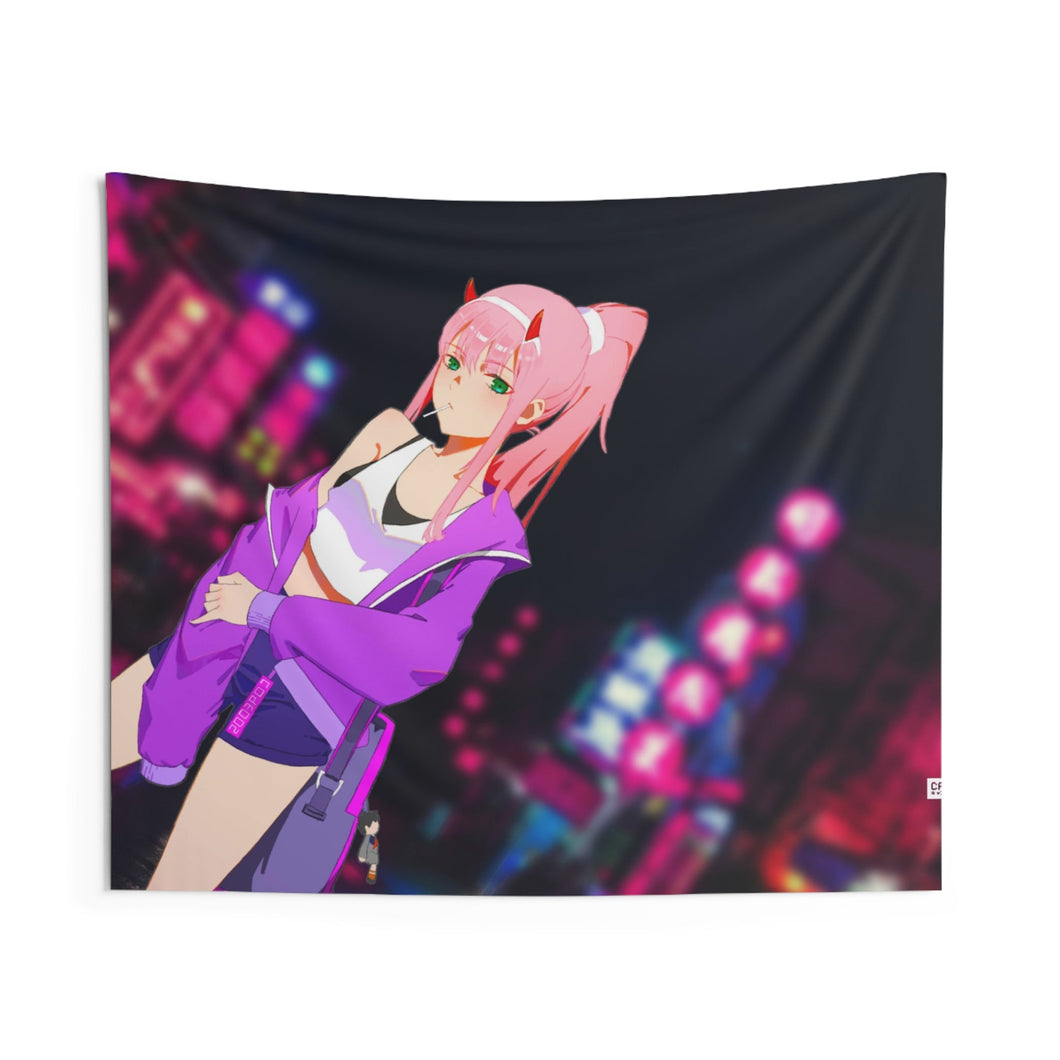 Kawaii Zero Two in The City Indoor Wall Tapestry
