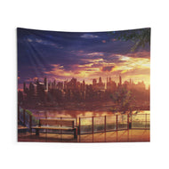 Futuristic Anime Cityscape At Sunset Indoor Wall Tapestry