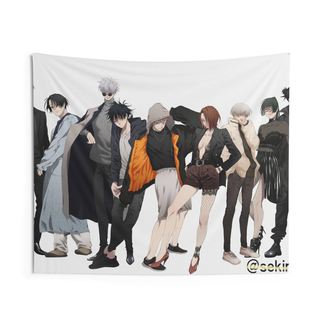 Satoru Gojo Yuji Itadori Maki Zenin Kento Nanami Nobara Kugisaki Suguru Geto Megumi Fushiguro Toge Inumaki and Yuta Okkotsu Indoor Wall Tapestry