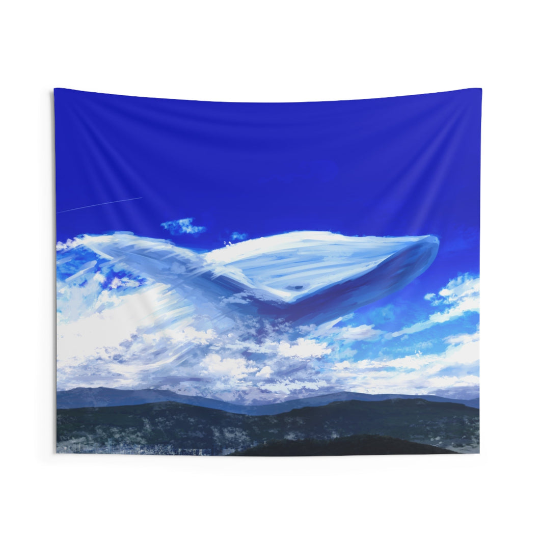 Whale swimming over the clouds Indoor Wall Tapestry
