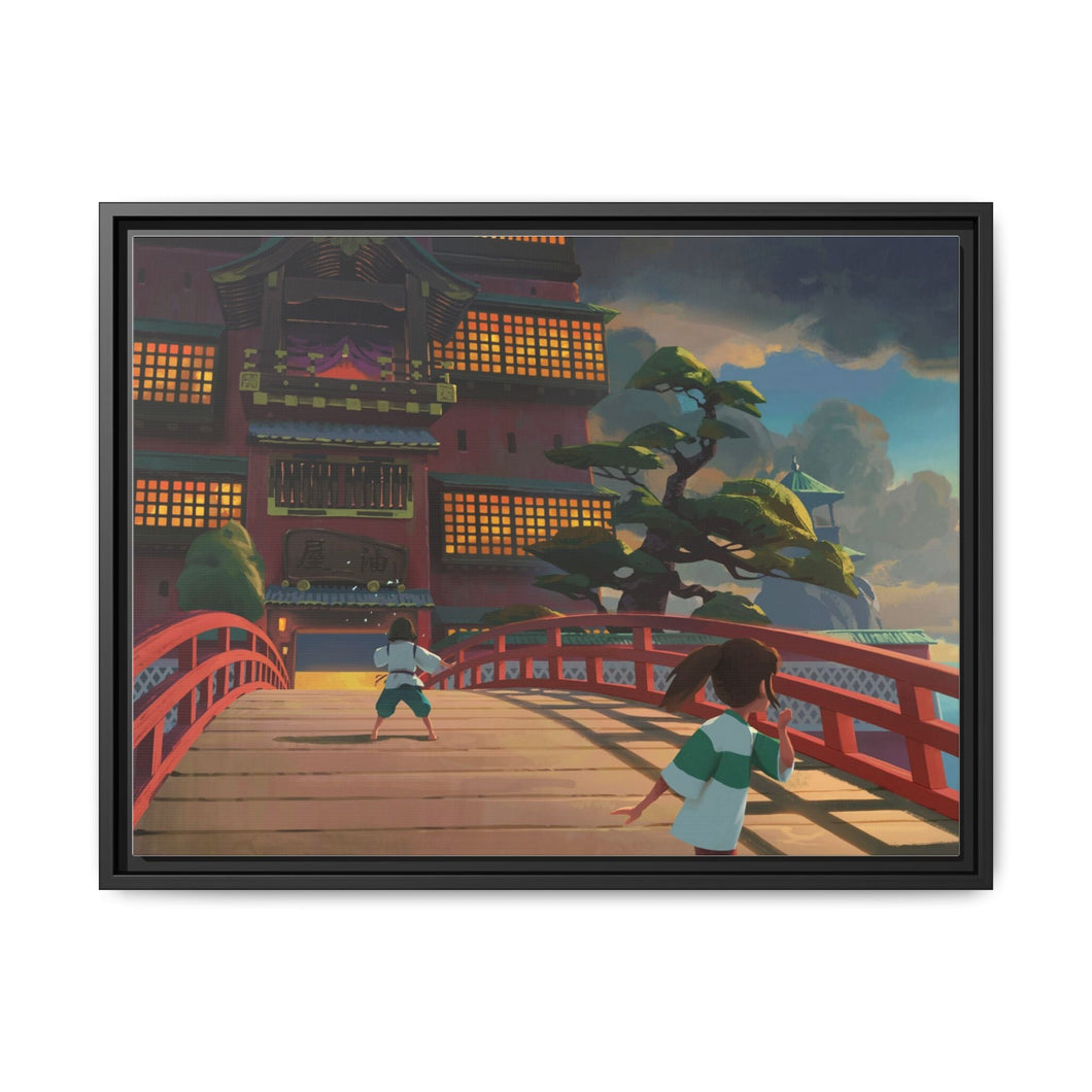 Haku and Chihiro on the bridge leading to the bathhouse Canvas Framed Art Print