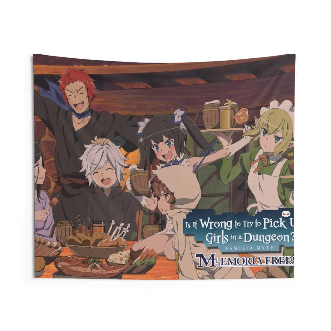 Is It Wrong to Try to Pick Up Girls in a Dungeon? Bell Cranel, Hestia, Liliruca Arde, Welf Crozzo Indoor Wall Tapestry