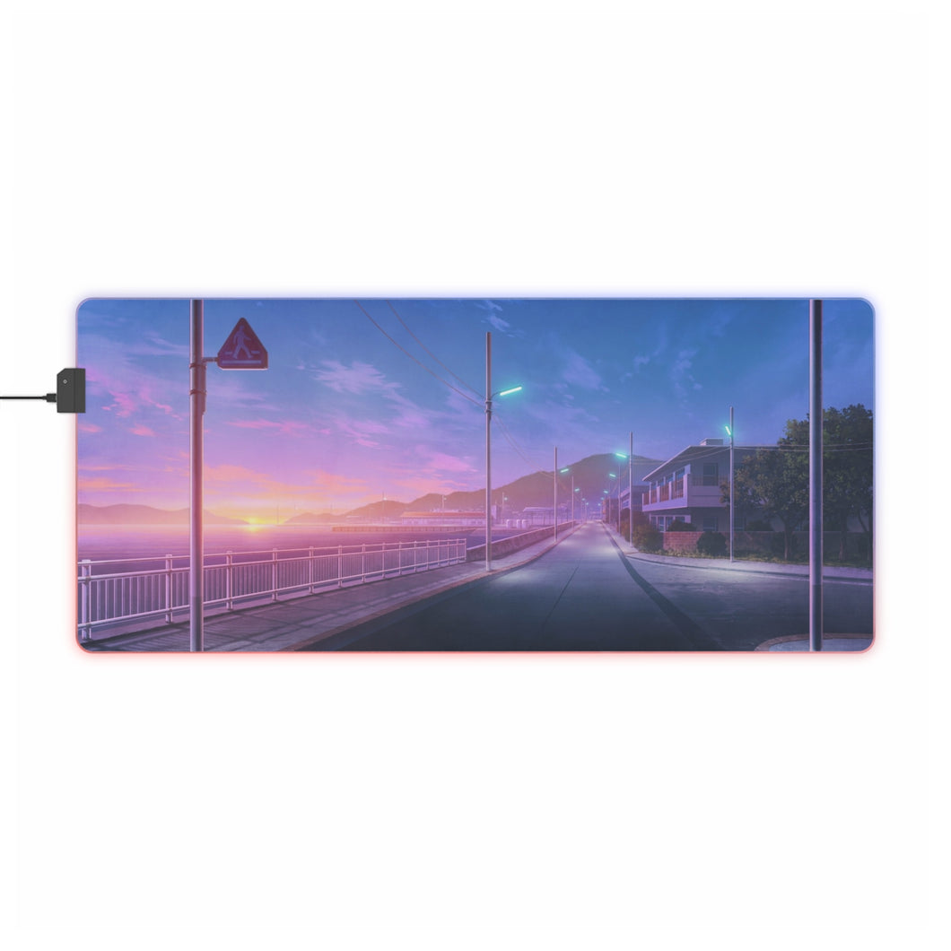 An anime style road with a stunning purple sunset on the horizon. RGB LED Mouse Pad (Desk Mat)