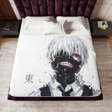 Load image into Gallery viewer, Ken Kaneki Mask Red Eyes White Hair and Short Hair Sherpa Blanket

