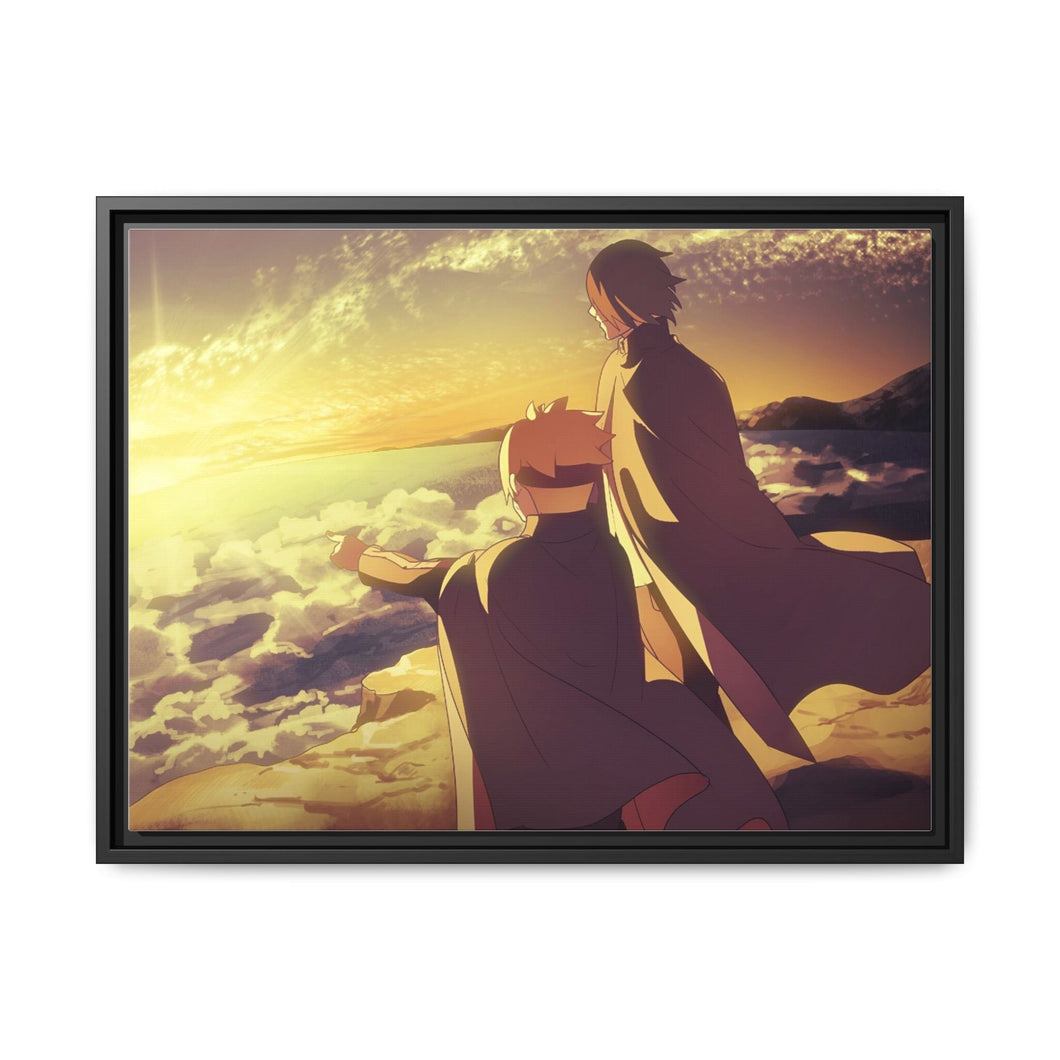 Boruto with his mentor watching the sunrise Canvas Framed Art Print