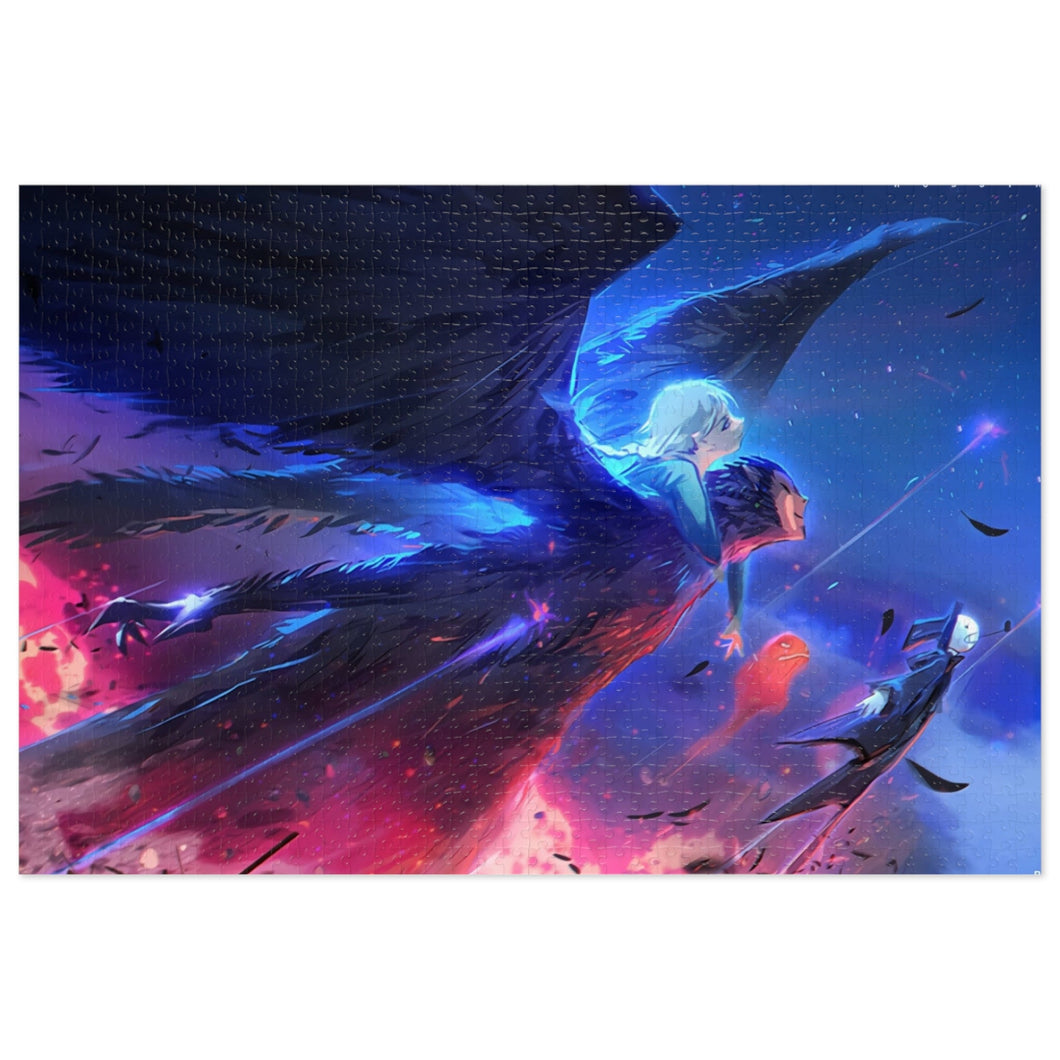 Howl, Sophie, and Turniphead flying through the sky Jigsaw Puzzle