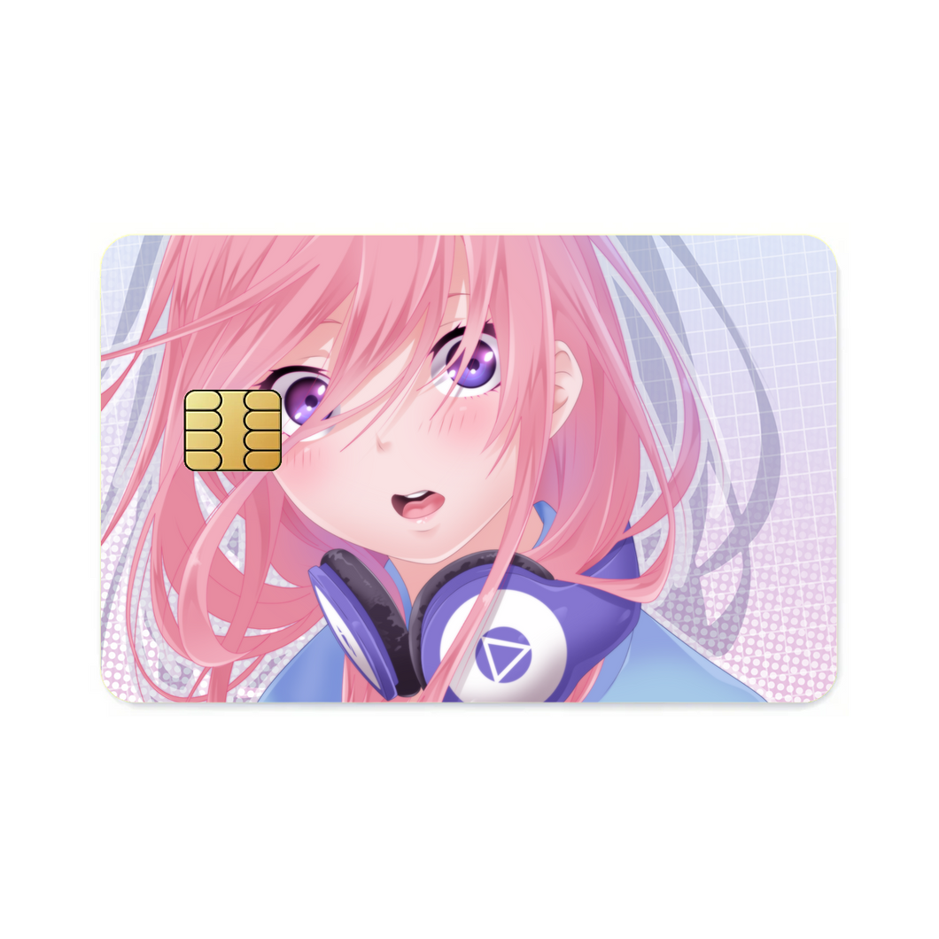 A girl with pink hair and headphones  Credit Card Skins (4-in-1 Pack)