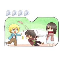 Load image into Gallery viewer, Attack on Titan - Armin Arlert, Eren Yaeger and Mikasa Ackerman Car Sunshade
