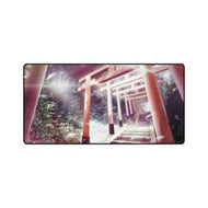 Anime girl descending the stairs at a Japanese temple Mouse Pad (Desk Mat)