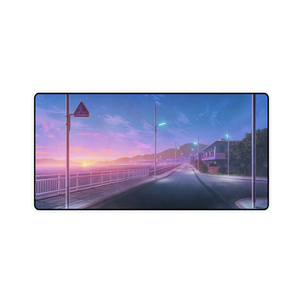 An anime style road with a stunning purple sunset on the horizon. Mouse Pad (Desk Mat)