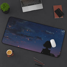 Load image into Gallery viewer, Anime girl overlooking a cityscape with flying lanterns in the sky Mouse Pad (Desk Mat) On Desk
